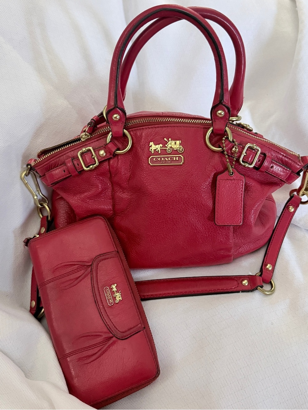 Coach Red Gathered Leather Lindsay Satchel Crossbody Shoulder Bag and wallet set